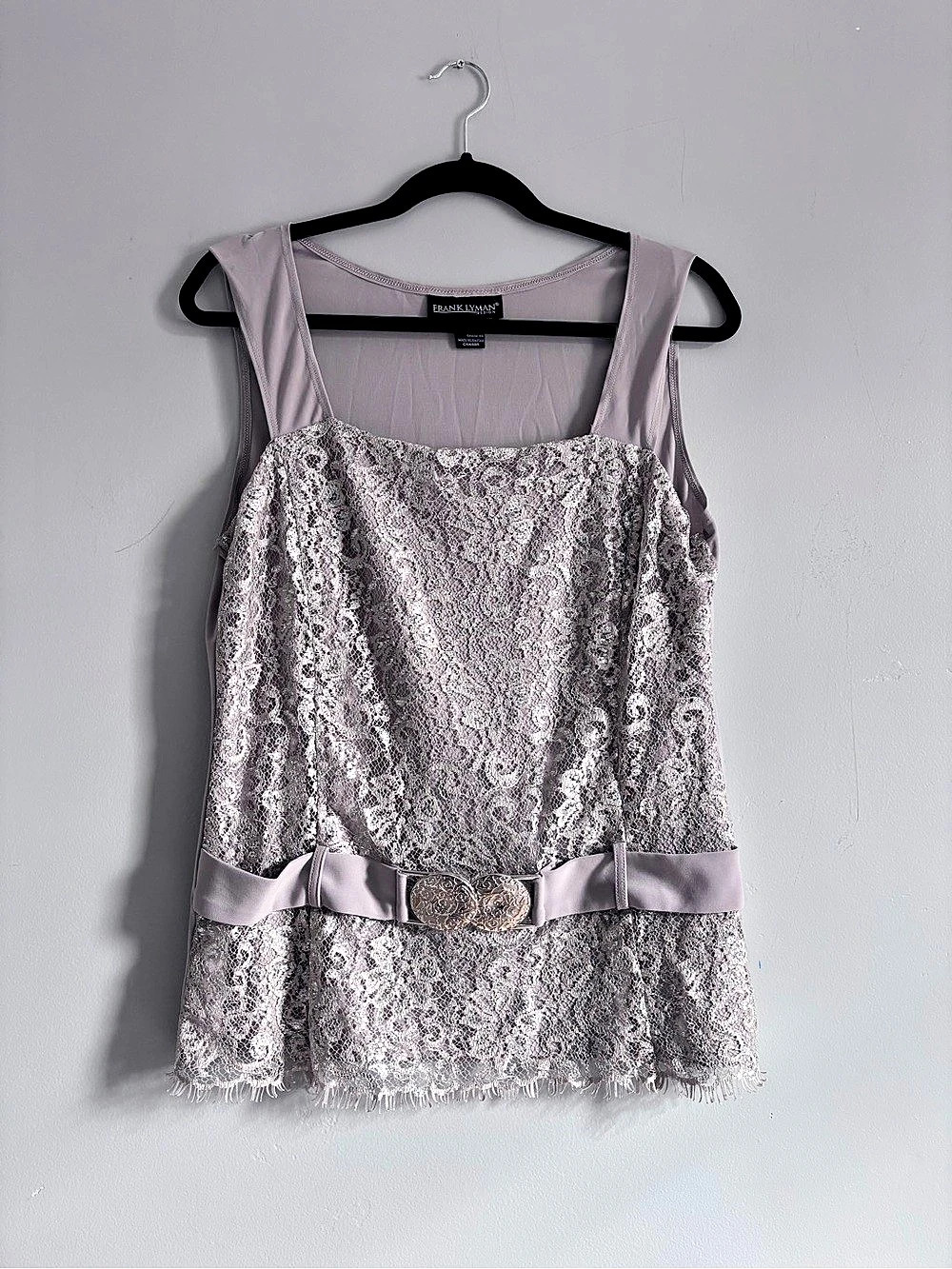 Frank Lyman Design Vintage Lace Overlay Top Floral Grey/Mauve Pink Size 14 Like